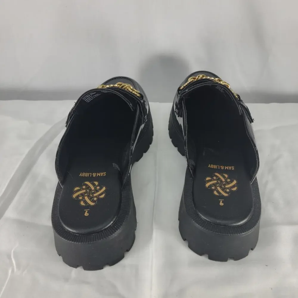 Sam & Libby Womens Chain Loafers Size 9 Black Patent Lug Sole Slip On Shoes